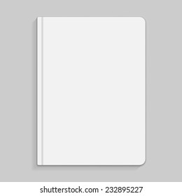 Realistic white copybook with elastic band bookmark. Diary author for office information. Concept design gray planner for college. Closed textbook. Abstract illustration on gray background. Vector