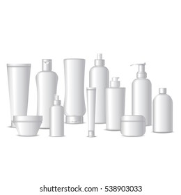 Realistic white cosmetic bottles on white background. Cosmetic cream containers and tubes for cream, lotion, shampoo, gel, balsam, conditioner, spray with place for your text. 3d Vector Illustration