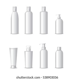 Realistic white cosmetic bottles on white background. Cosmetic cream containers and tubes for cream, lotion, shampoo, gel, balsam, conditioner, spray with place for your text. 3d Vector Illustration