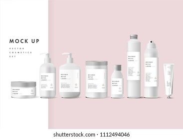 Realistic white cosmetic cream container and tube for cream, ointment, toothpaste, lotion Mock up bottle. Gel, powder, balsam, with empty label. Soap pump. Containers for bulk mixtures