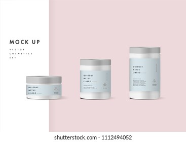 Realistic white cosmetic cream container for cream lotion. Mock up bottle. Gel, powder, balsam, with design label and ddifferent sizes. Soap pump. Containers for bulk mixtures.