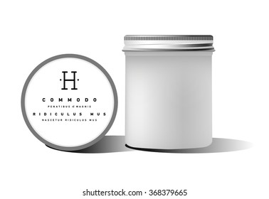 Realistic white cosmetic cream container. Mock up bottle. Gel, powder, balsam, with design label. Containers for bulk mixtures.