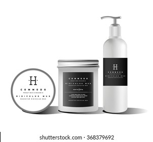 Realistic white cosmetic cream container. Mock up bottle. Gel, powder, balsam, with design label. Soap pump. Containers for bulk mixtures.