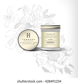 Realistic white cosmetic cream container. Mock up bottle. Gel, powder, balsam, with design label. Containers for bulk mixtures. Flowers background