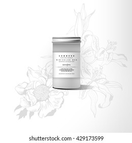 Realistic white cosmetic cream container. Mock up bottle. Gel, powder, balsam, with design label. Containers for bulk mixtures. Flowers background