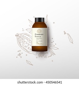 Realistic white cosmetic cream container. Mock up bottle. Gel, powder, balsam, with design label. Containers for bulk mixtures. Cocoa fruit background