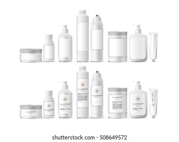 Realistic white cosmetic cream container and tube for cream, ointment, toothpaste, lotion Mock up bottle. Gel, powder, balsam, with empty label. Soap pump. Containers for bulk mixtures.