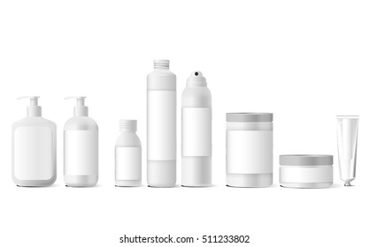 Realistic white cosmetic cream container and tube for cream, ointment, toothpaste, lotion Mock up bottle. Gel, powder, balsam, with empty label. Soap pump. Containers for bulk mixtures.