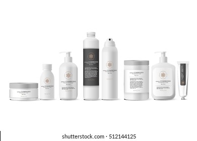 Realistische weiße Kosmetikbehälter und Tube für Creme, Salbe, Zahnpasta, Lotion Die Flasche aufziehen. Gel, Pulver, Balsam, mit leerem Etikett. Seifenpumpe. Behälter für Massenkombinationen.