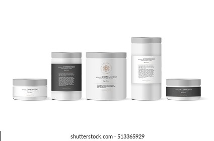 Realistic white cosmetic cream container for cream lotion. Mock up bottle. Gel, powder, balsam, with design label and ddifferent sizes. Soap pump. Containers for bulk mixtures.