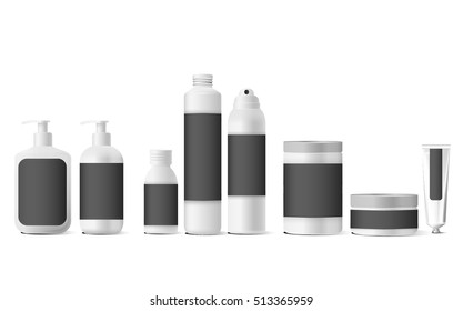 Realistic white cosmetic cream container and tube for cream, ointment, toothpaste, lotion Mock up bottle. Gel, powder, balsam, with empty label. Soap pump. Containers for bulk mixtures.