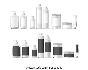 Realistic white cosmetic cream container and tube for cream, ointment, toothpaste, lotion Mock up bottle. Gel, powder, balsam, with empty label. Soap pump. Containers for bulk mixtures.