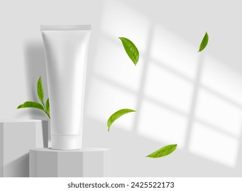 Realistic white cosmetic cream tube mockup on podium with green leaves, vector background. Cosmetics and skincare ad template with face cream or moisturizer and lotion tube container on podium