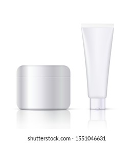 Realistic white cosmetic mockup with empty beauty product label and company logo place. Cream, ointment, toothpaste, lotion in container and tube. Isolated on light background. Vector 3d illustration