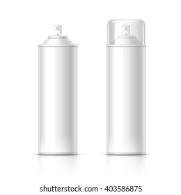 Realistic White Cosmetics bottle can Spray, Deodorant, Air Freshener. With lid and without. Object, shadow, and reflection on separate layers. Vector illustration