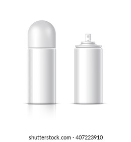Realistic White Cosmetics bottle can Spray, Deodorant, Air Freshener. With lid and without. Object, shadow, and reflection on separate layers. Vector illustration
