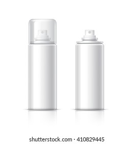 Realistic White Cosmetics bottle can Spray, Deodorant, Air Freshener. With lid and without. Object, shadow, and reflection on separate layers. Vector illustration