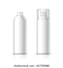 Realistic White Cosmetics bottle can Spray, Deodorant, Air Freshener. With lid and without. Object, shadow, and reflection on separate layers. Vector illustration