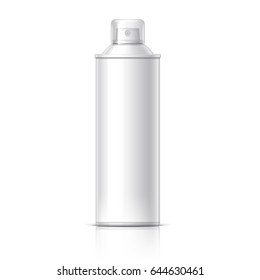La botella blanca realista de los cosméticos puede rociar, desodorante, ambientador. Con tapa. Colores blanco, negro y gris. Objeto, sombra y reflexión en capas separadas. Ilustración vectorial