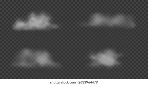 Realistic white cotton clouds, floating smoke, mist. Set of vector semi transparent steam clouds isolated on transparent background