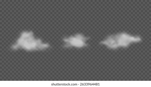 Realistic white cotton clouds, floating smoke, mist. Set of vector semi transparent steam clouds isolated on transparent background