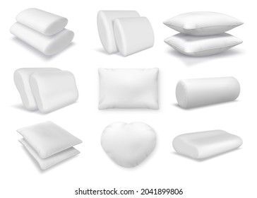 Realistic white cotton orthopedic pillows, square and round cushions. 3d feather fluffy pillow and bolster mockup for bed or sofa vector set. Comfortable element for neck rest and sleeping