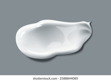 A realistic white cream drop with smooth texture and glossy reflections on a gray background. Concept of skincare, beauty, cosmetic product, or lotion. Vector illustration