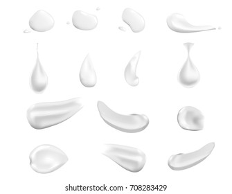 Realistic White Cream Elements  : A Drop, A Splash, Smear, Squeezed Cream. Illustration Isolated On White Background. 