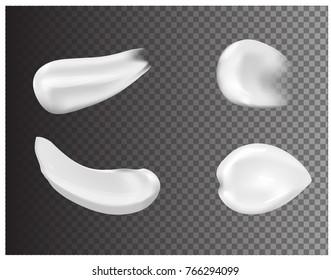 Realistische weiße Cremeteile: ein Tropfen, ein Spritzer, Schmieren, gepresste Sahne. Illustration einzeln auf transparentem Hintergrund. 