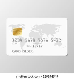 realistic white credit card with world map. Template white credit card for your design. White credit card template on grey background.