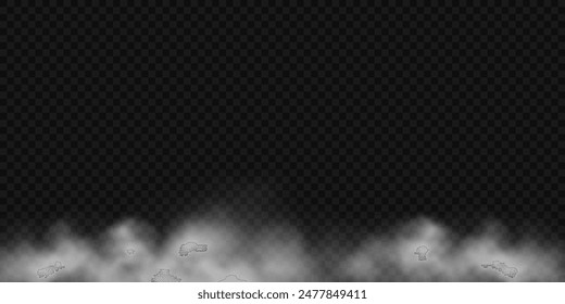 Realistic white creeping smoke, steam. Abstract design frame. Vector illustration. Сold haze clouds on transparent background