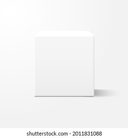 Realistic white cube box with shadow. Mockup template design for presentation, advertising. Blank cardboard package. Square box. Front view. Retail product package. Vector illustration