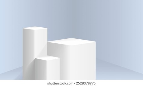 Realistic white cube pedestal podium with soft blue grey room background