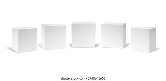 Realistic white cubes. Mockups of 3d blank paper boxes, empty cardboard cube branding templates, vector squares illustration of minimalism of packing box isolated on white background