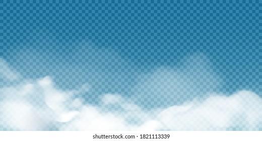 Realistic white cumulus clouds on transparent background. Vector illustration of 3d smoke or fog. Natural mist design element for banner, poster, web, weather forecast