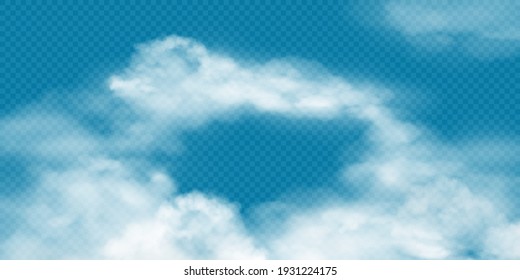 Realistic white cumulus clouds on transparent background. Vector illustration of 3d smoke or fog. Natural mist design element with empty space, cloud blanket effect over cityscape