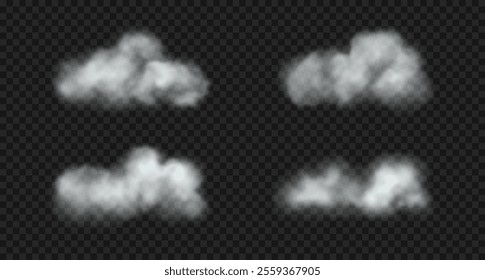 Realistic white cumulus clouds, smoke, fog on sky. Set of vector fluffy steam clouds and wavy haze isolated on transparent backdrop