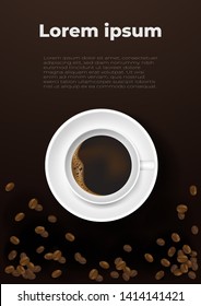Realistic white cup of black coffee and coffee beans. Design poster and flayers vector Illustration