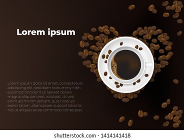 Realistic white cup coffee and beans with heart shape and love concept. vector Illustration.