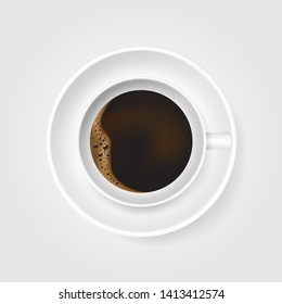 Realistic white cup of coffee with foam and bubble on grey background. vector illustration