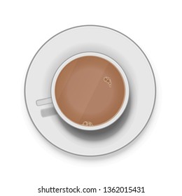 Realistic white cup of coffee with milk on saucer with shadow