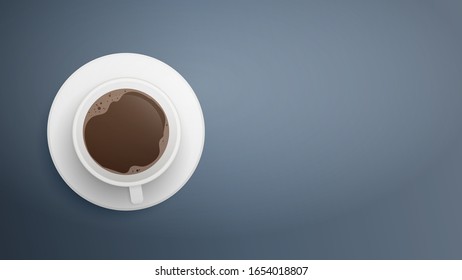 Realistic white cup of coffee on a gray background.
Banner with place for text. Cup of espresso top view. Vector illustration.