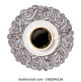 Realistic White Cup Of Coffee Top View With Doodle Curls And Swirl On White Background. Creative Vector Illustartion