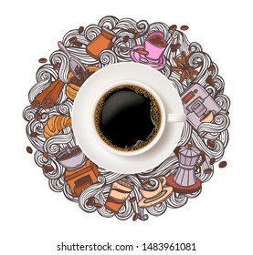 Realistic white cup of coffee top view with doodle hand drawing beans, croissant, mug of beverage and swirls in steam on white background. Creative vector illustartion