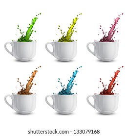 Realistic white cup with colorful drops. Vector design.