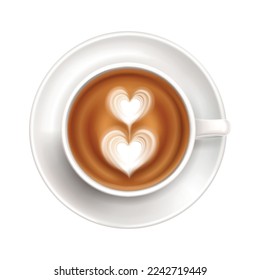 Realistic white cup on saucer with hearts latte art top view vector illustration