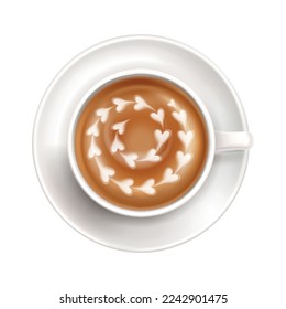 Realistic white cup on saucer with latte art top view vector illustration
