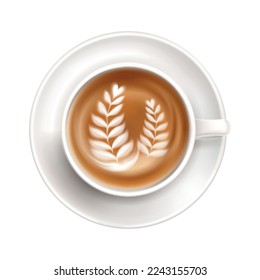 Realistic white cup on saucer with leaves latte art top view vector illustration