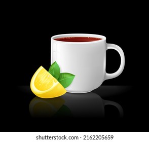 Té blanco realista con una rebanada de limón. Fondo negro con reflexión. Ilustración vectorial, 3d