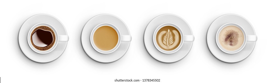 Realistic White Cups With Coffee. Top View. EPS10 Vector